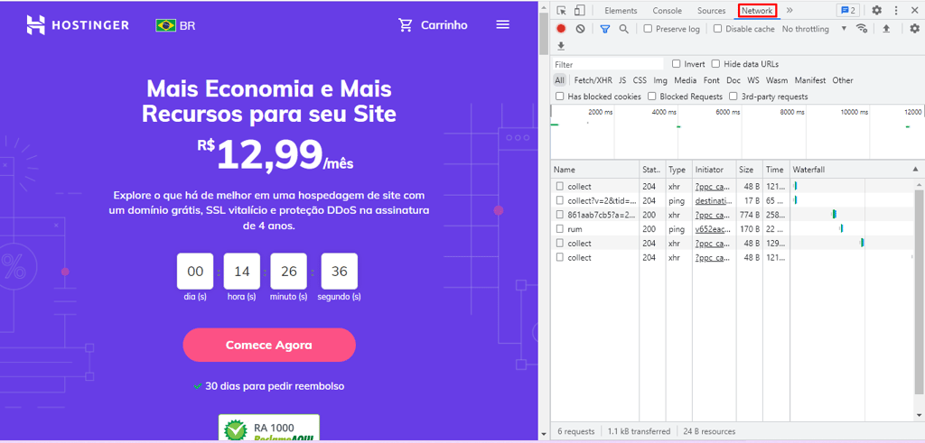 p&aacute;gina da Hostinger com a indica&ccedil;&atilde;o do caminho para verificar o c&oacute;digo de status HTTP de um site