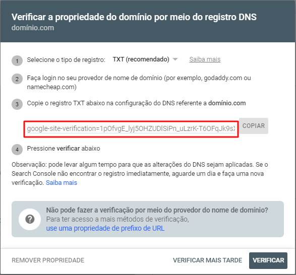 c&oacute;digo de verifica&ccedil;&atilde;o gerado pelo Google Search Console
