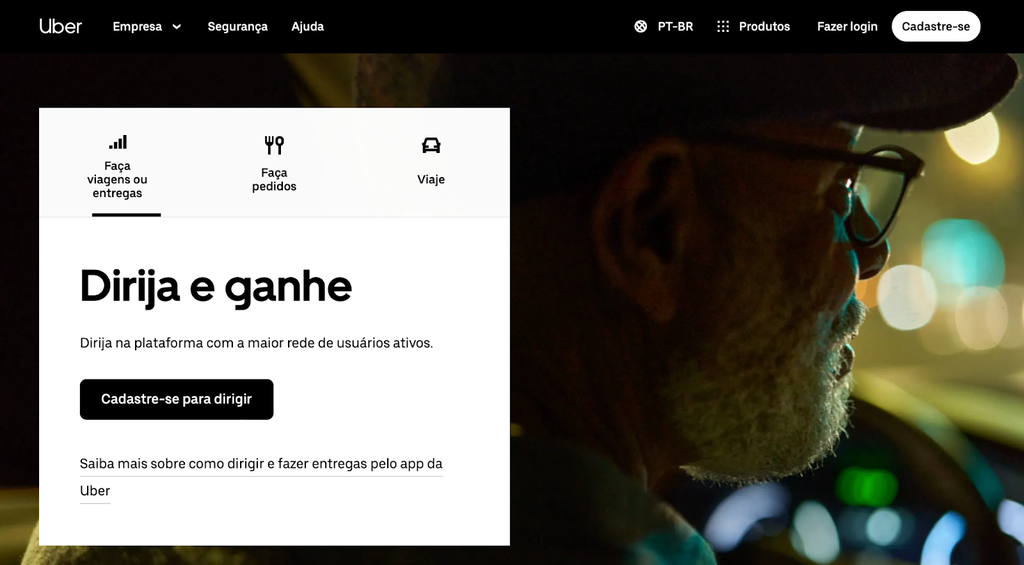 página inicial da Uber