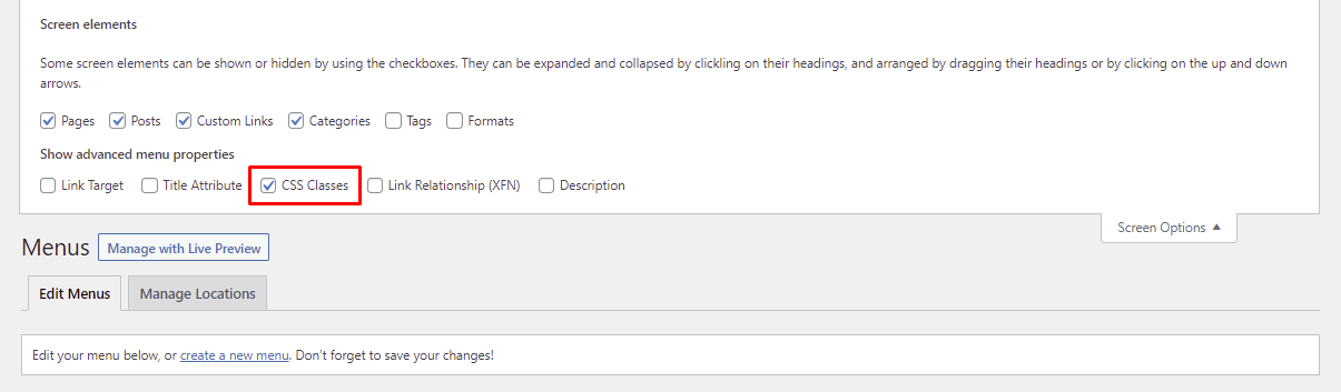 Sele&ccedil;&atilde;o de classes CSS de um menu no painel WordPress
