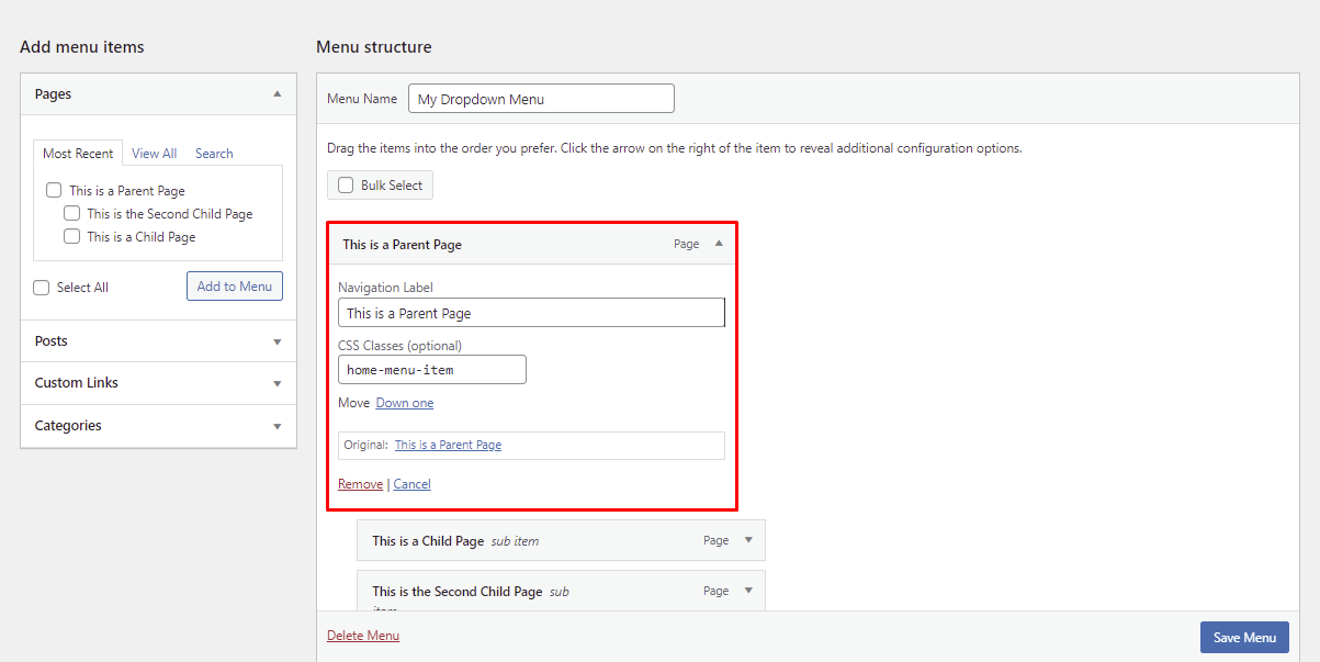 P&aacute;gina de adi&ccedil;&atilde;o e configura&ccedil;&atilde;o de classes CSS de um menu no painel WordPress
