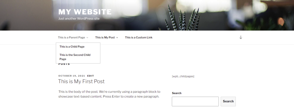 Captura de tela de um exemplo de menu em site de teste