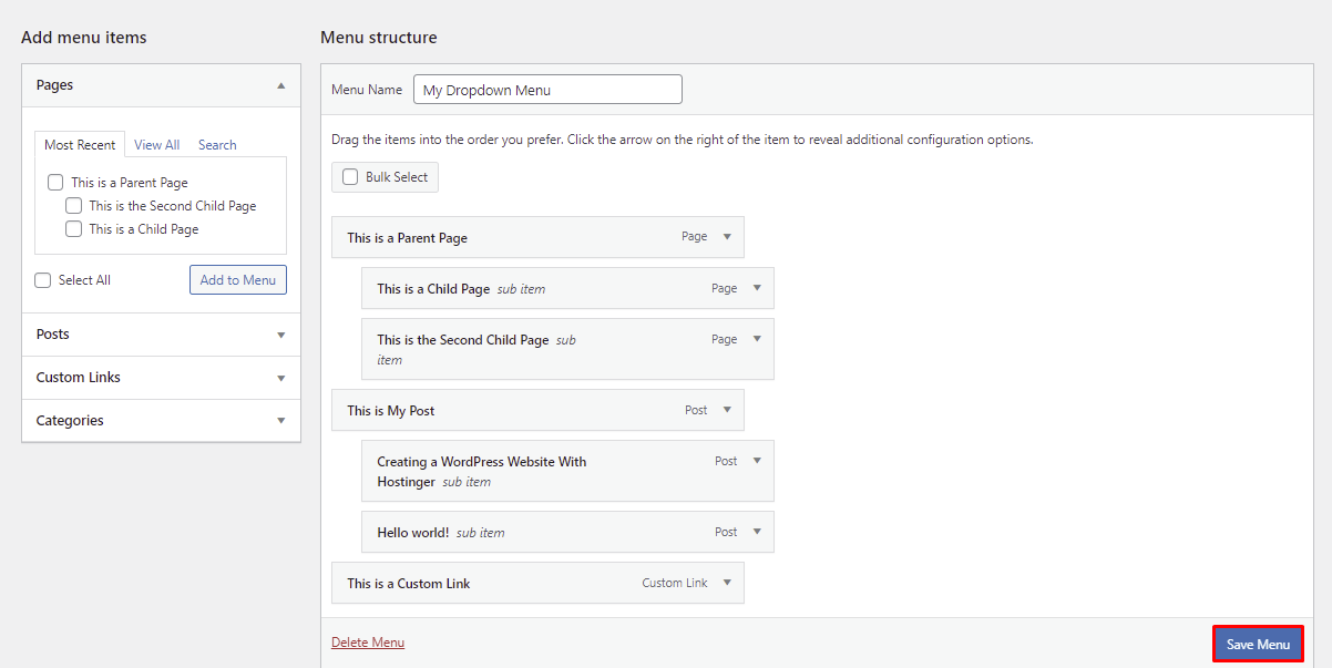 Sele&ccedil;&atilde;o do bot&atilde;o para salvar configura&ccedil;&otilde;es do menu rec&eacute;m criado no painel WordPress