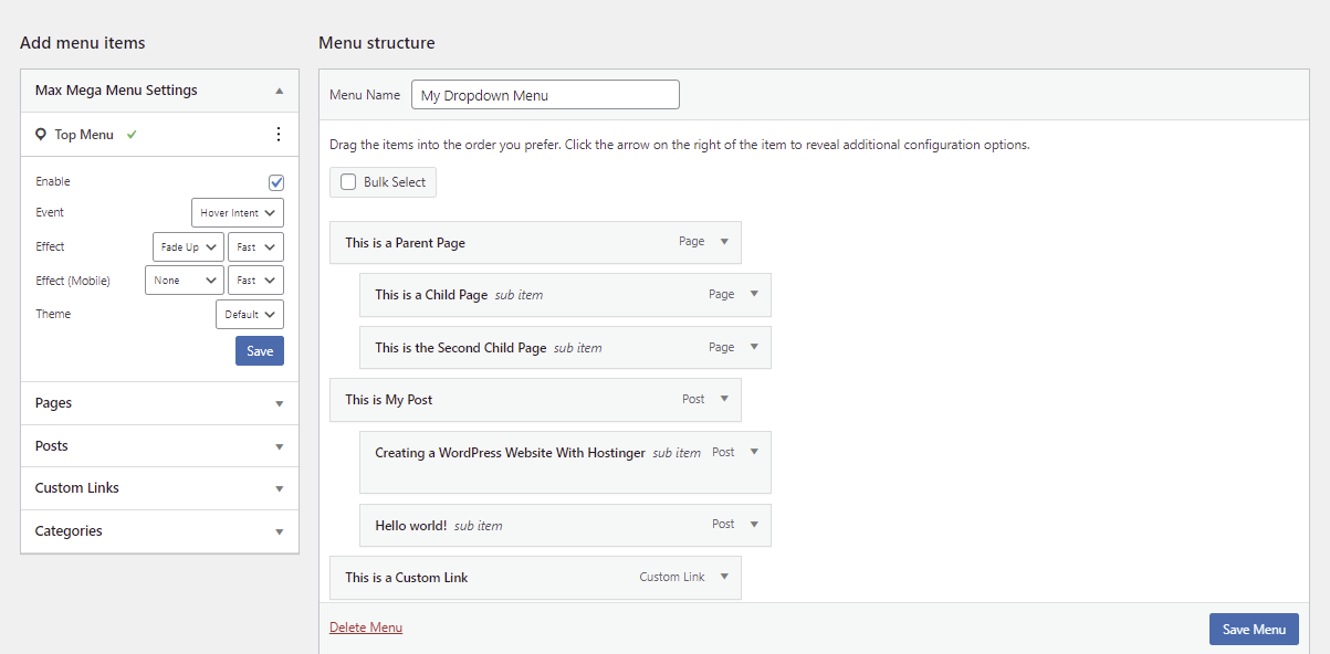 Configura&ccedil;&atilde;o de elementos na estrutura do menu criado via plugin Max Mega Menu do WordPress