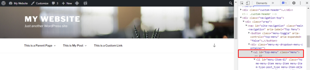 Destaque para a classe CSS personalizada do menu, exibida pela fun&ccedil;&atilde;o de inspe&ccedil;&atilde;o de elementos