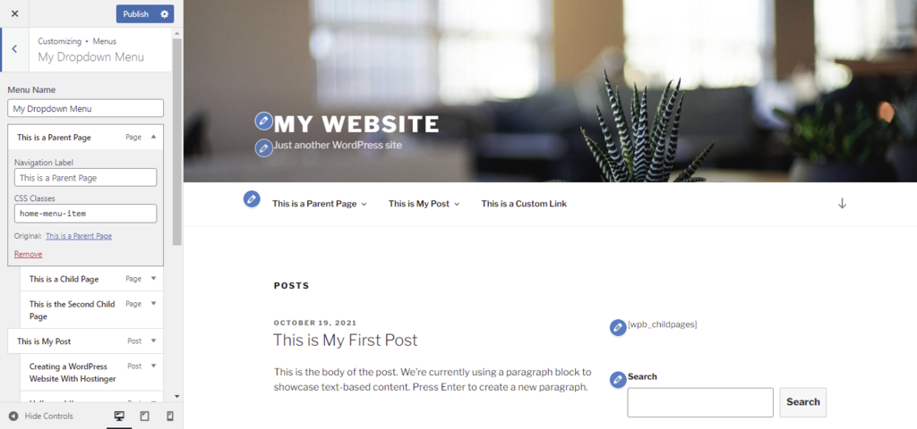 Editor do WordPress exibindo as altera&ccedil;&otilde;es feitas na personaliza&ccedil;&atilde;o do menu