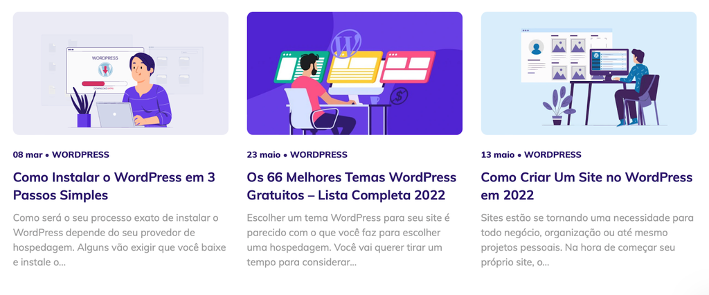 p&aacute;gina de tutoriais da Hostinger com destaque para a categoria wordpress