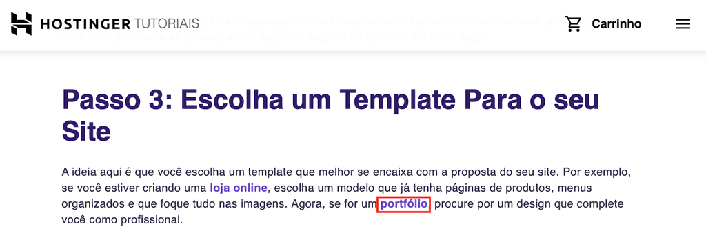 trecho de tutorial da hostinger com destaque para a palavra "portfólio"
