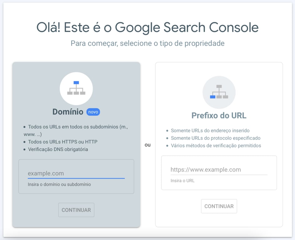 adicionando domínio ou URL no google search console