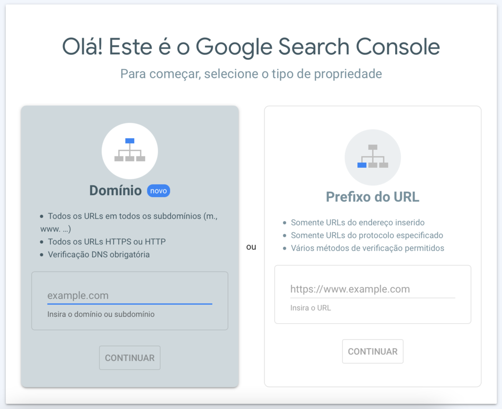 adicionando dom&iacute;nio ou URL no google search console