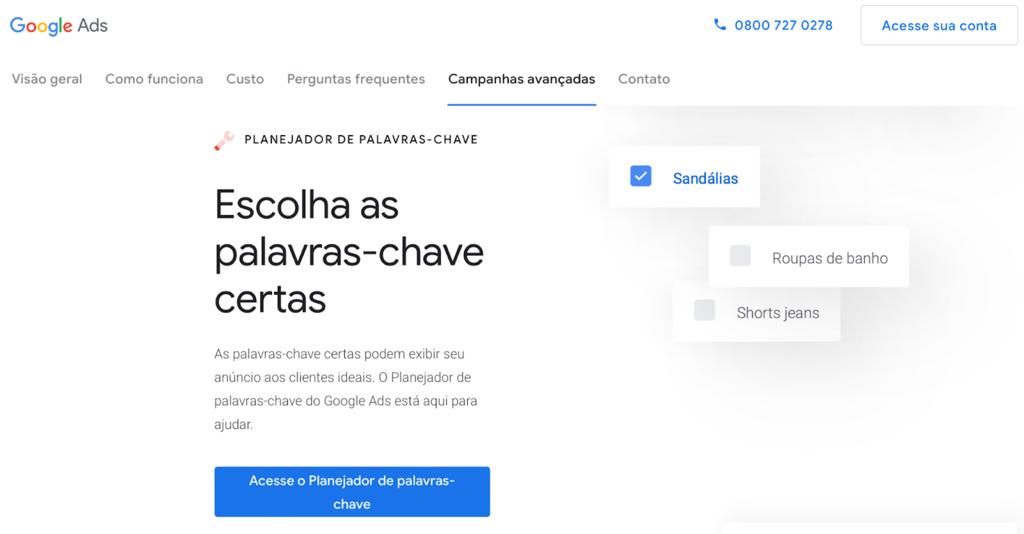 página inicial do Planejador de Palavras-Chave do Google