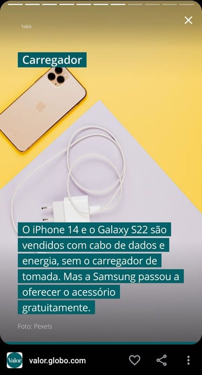 story fala que iPhone 14 e Galaxy S22 s&atilde;o vendidos sem carregador de tomada no Brasil