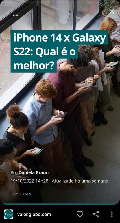 Chamada de texto do valor econ&ocirc;mico sobre comparativo entre iphone 14 e galaxy s22