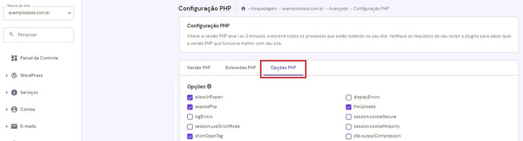 Op&ccedil;&otilde;es PHP no menu de Configura&ccedil;&atilde;o PHP do hPanel