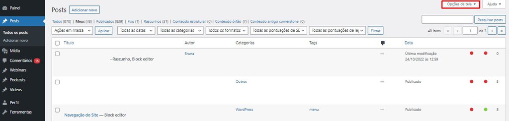 Menu de posts WordPress com destaque para o botão opções de tela