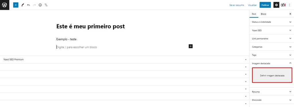 Editor de posts do WordPress com destaque para o campo de definir imagem detacada