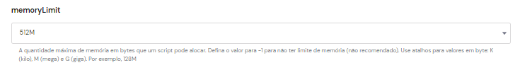 Sele&ccedil;&atilde;o do recurso memoryLimit nas op&ccedil;&otilde;es PHP do hPanel