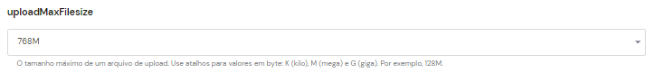 Sele&ccedil;&atilde;o do recurso uploadMaxFileSize nas op&ccedil;&otilde;es PHP do hPanel