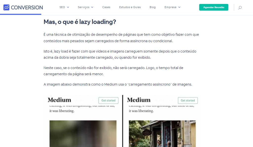 Captura de tela de uma explica&ccedil;&atilde;o do que &eacute; lazy loading do blog do site Conversion