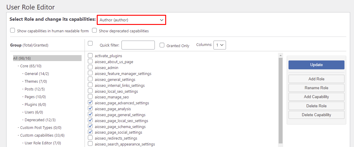 Tela de configura&ccedil;&otilde;es do plugin User Role Editor com destaque para o menu suspenso com a op&ccedil;&atilde;o Author selecionada