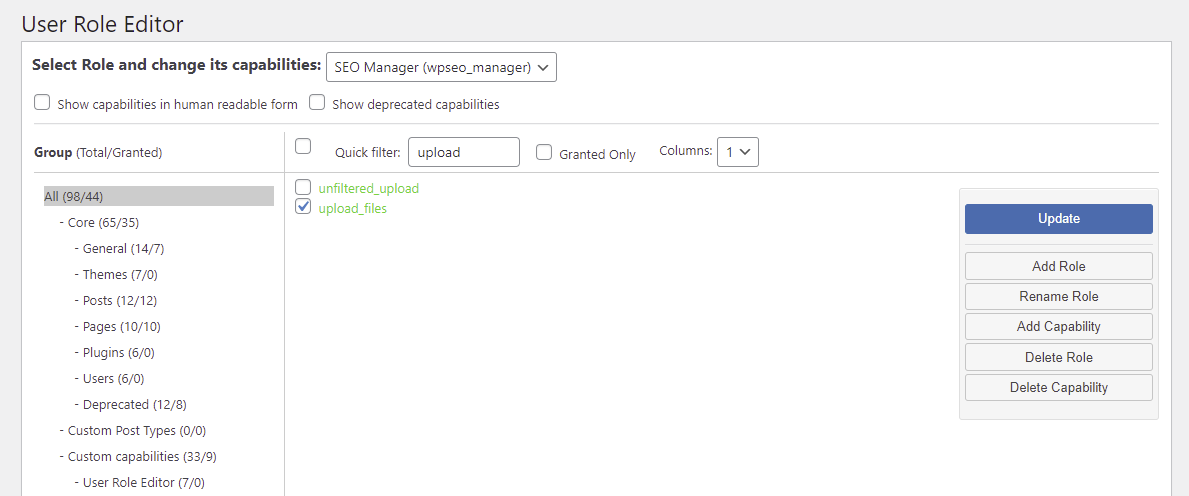 Sele&ccedil;&atilde;o da op&ccedil;&atilde;o upload_files no plugin User Role Editor