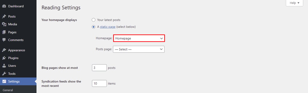 Configurações de leitura no painel WordPress, destaque para o menu suspenso com a seleção da opção Homepage