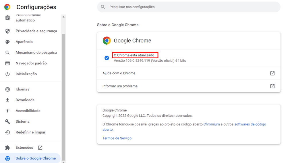 Tela de configurações do Google Chrome com destaque para a mensagem de atualização no navegador