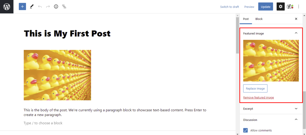Editor Gutenberg do WordPress, destaque para o campo da imagem destacada