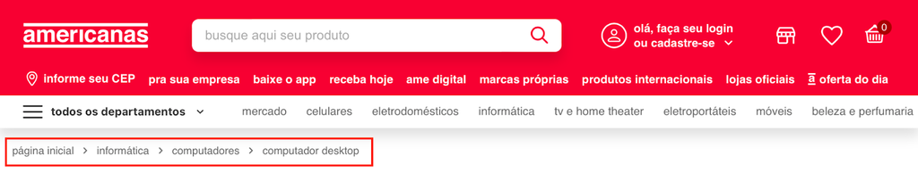 Cabe&ccedil;alho do site da Americanas destacando os breadcrumbs exibidos