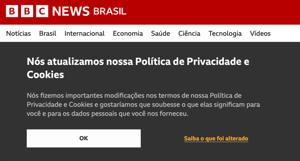 Site da BBC News Brasil alertando sobre pol&iacute;tica de cookies