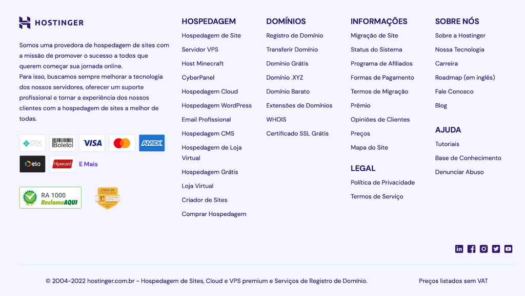 Rodap&eacute; do site da Hostinger