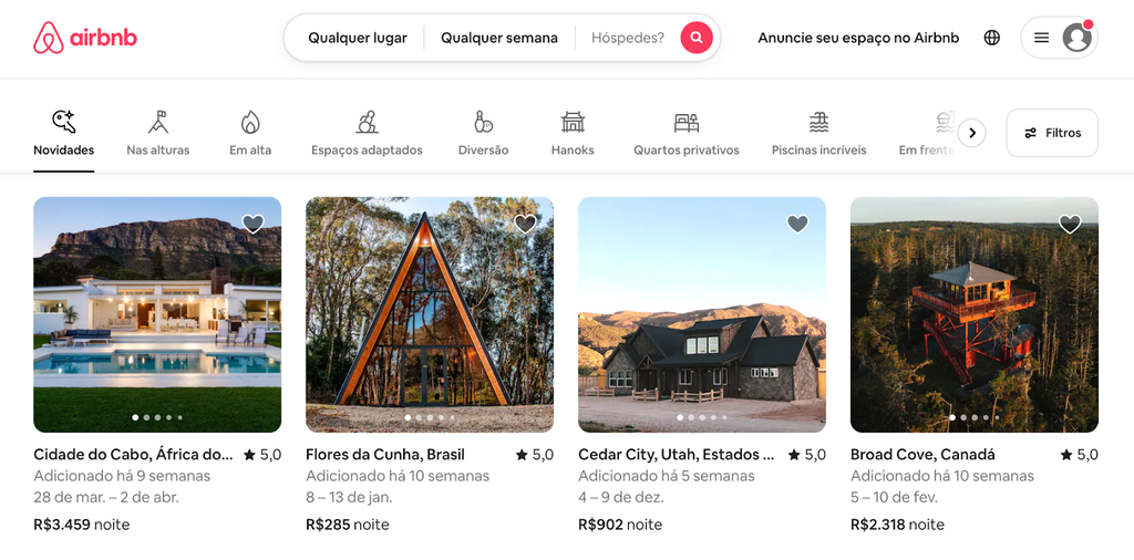 Página inicial do Airbnb