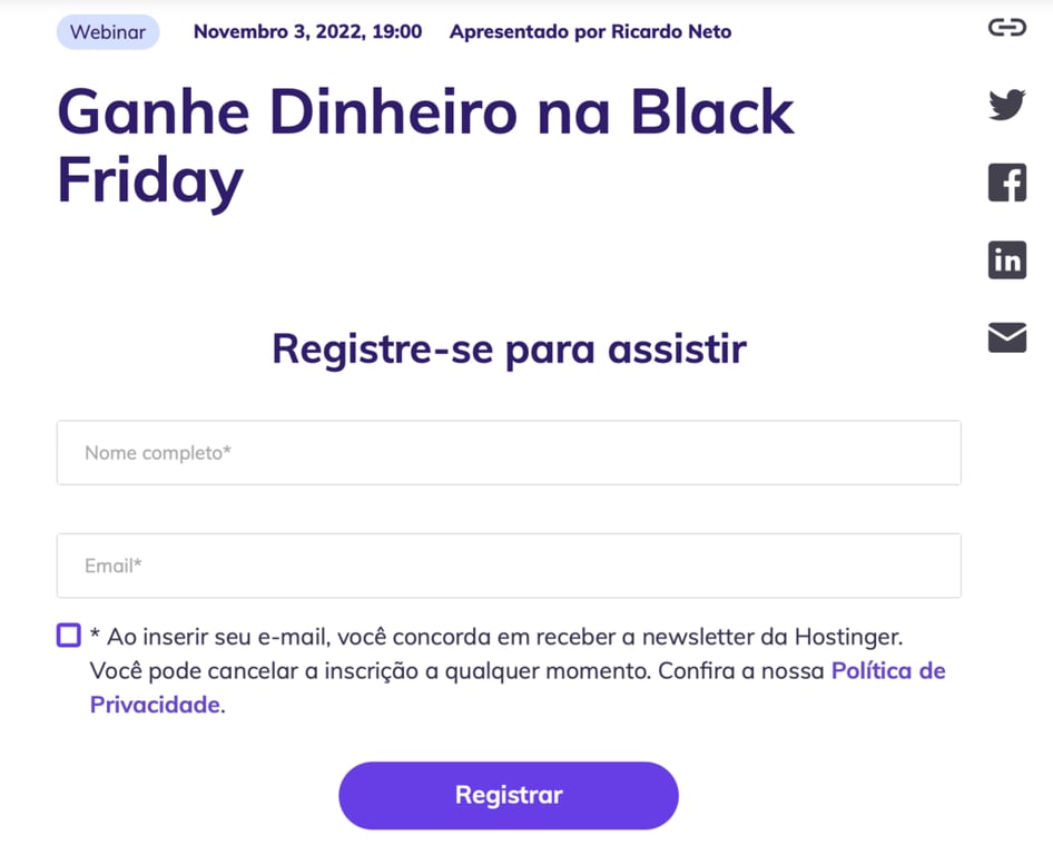 Lead Magnet da Hostinger de t&iacute;tulo "Ganhe Dinheiro na Black Friday"