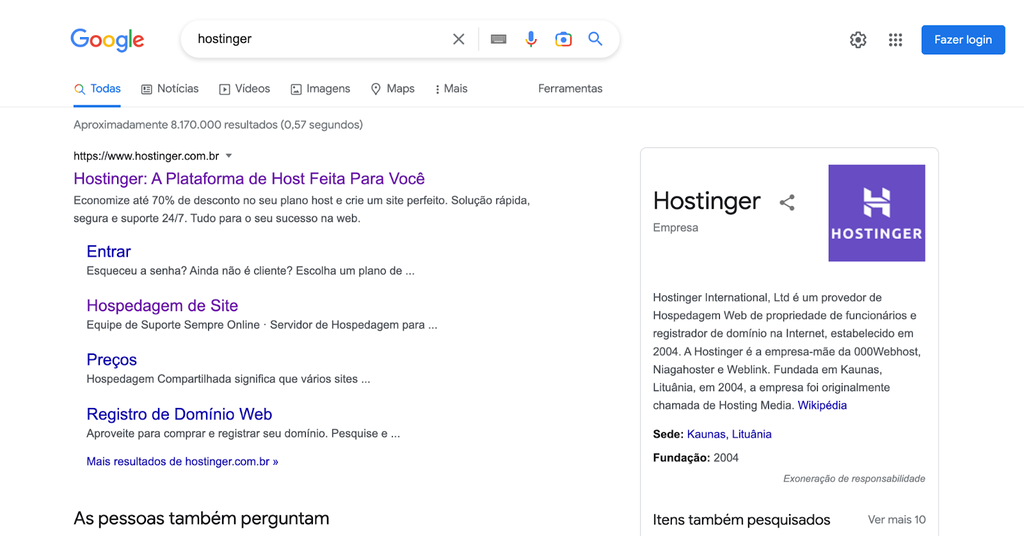 Uma SERP padr&atilde;o do Google gerada com a pesquisa do termo Hostinger