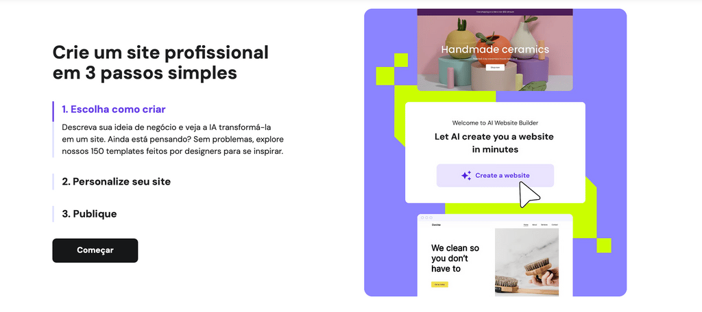 landing page do criador de sites de neg&oacute;cios da hostinger