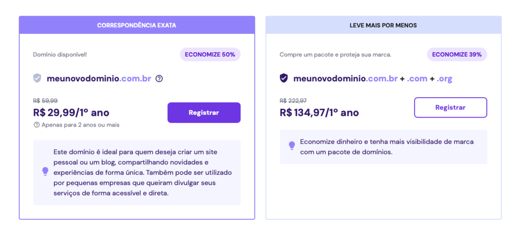 escolhendo domínio ou pacote de domínios com a hostinger