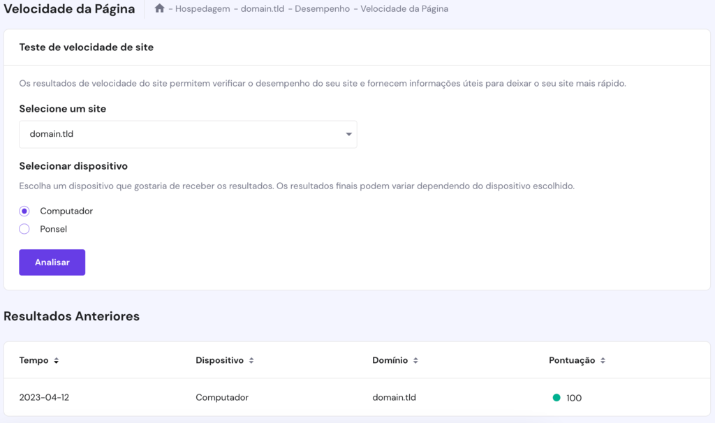 A p&aacute;gina Velocidade da p&aacute;gina no painel hPanel