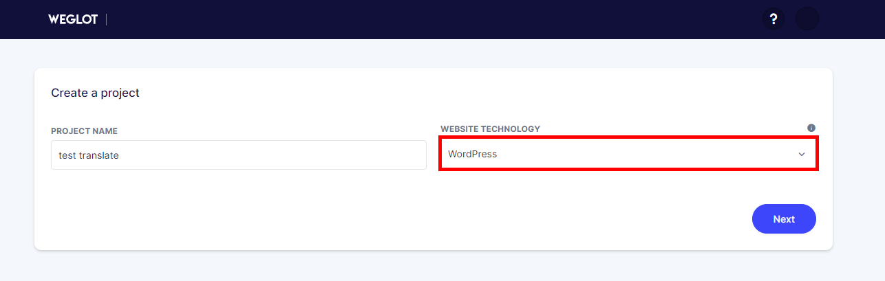 Criando novo projeto de tradução WordPress no plugin Weglot