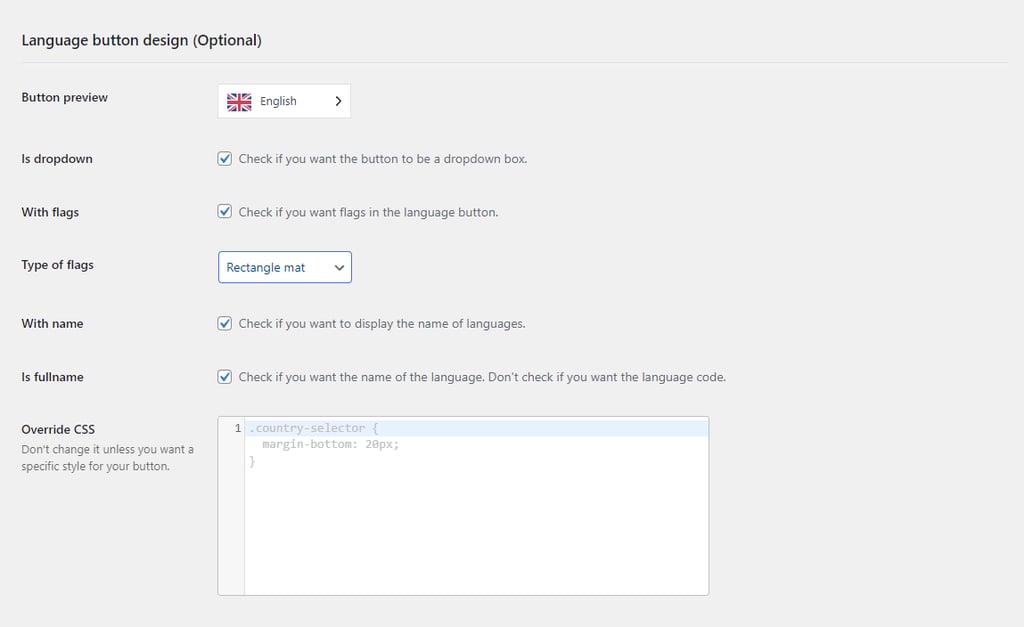 Página de configuração do plugin Weglot com definição de estilo dos botões de idiomas