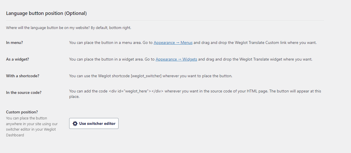 Página de configuração do plugin Weglot com definição do posicionamento dos botões para alterar idioma