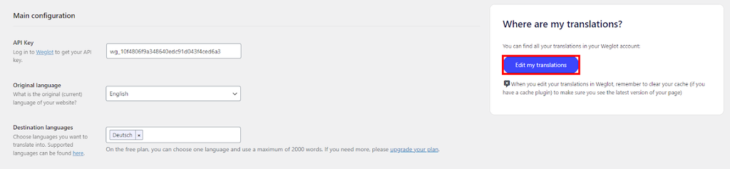 Destaque para o botão de editar minhas traduções no plugin Weglot