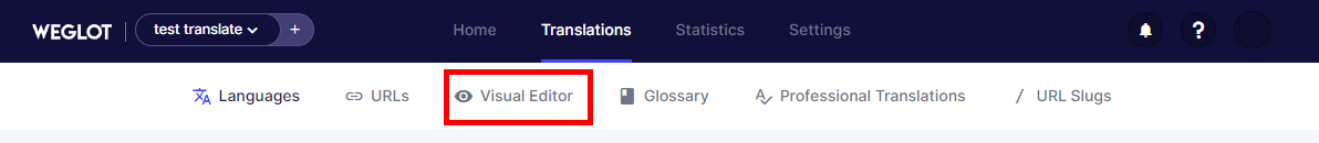 Destaque para a seção de editor visual na barra superior do plugin Weglot