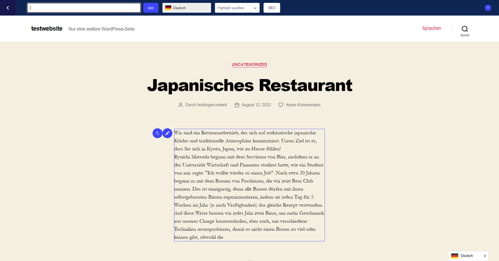 Exemplo de edição de tradução diretamente no conteúdo do site pelo editor visual do plugin Weglot