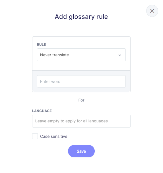 Seção de regras de glossário do plugin Weglot