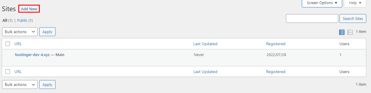Destaque para o botão de adicionar novo site no WordPress Multisite