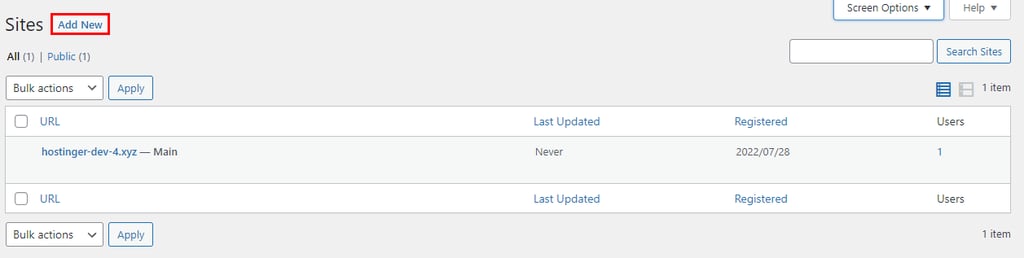 Destaque para o botão de adicionar novo site no WordPress Multisite