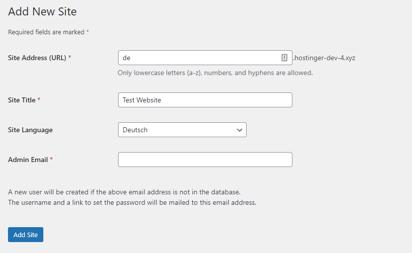 Página de configuração do novo site com campos de nome, endereço, idioma e email de administração