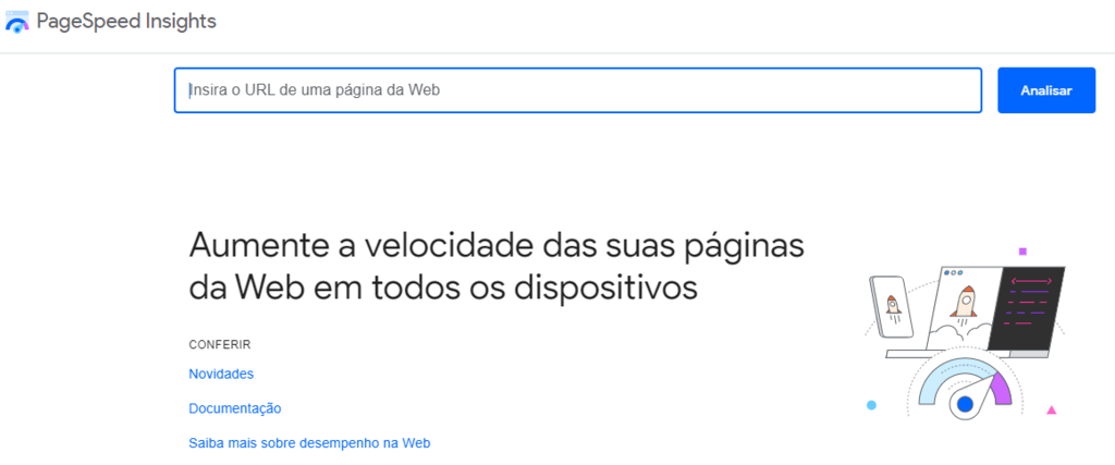 Página inicial do Google PageSpeed Insights
