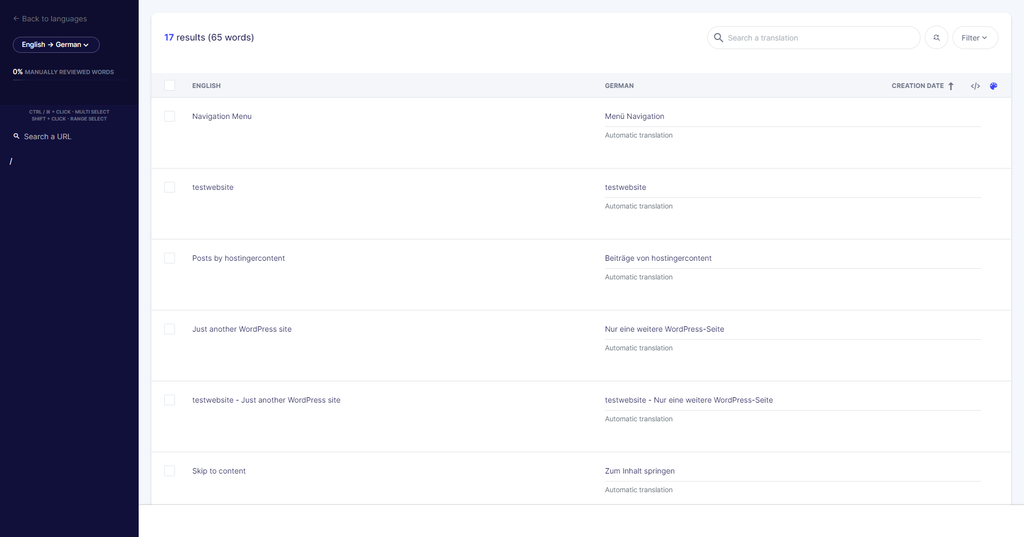 Resultados das traduções do plugin Weglot do inglês para alemão