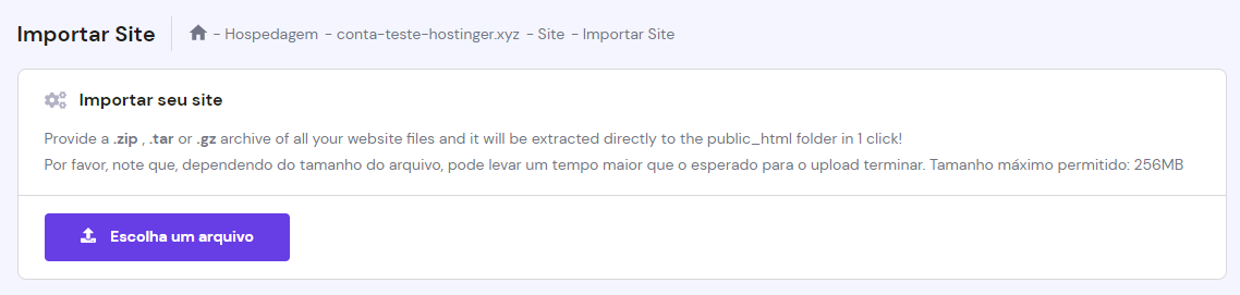 tela de importar site com bot&atilde;o para voc&ecirc; colocar um site no ar